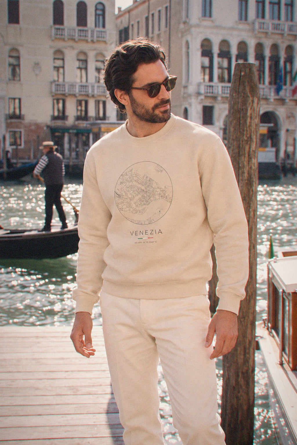 Venice map sweatshirt worn, three-quarter view, Venice