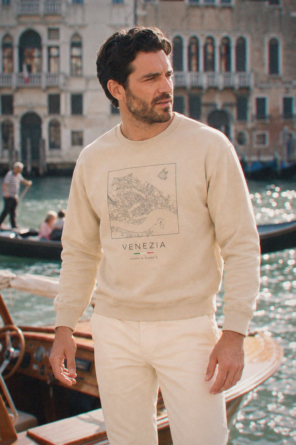 Venice map sweatshirt worn, three-quarter view, Venice