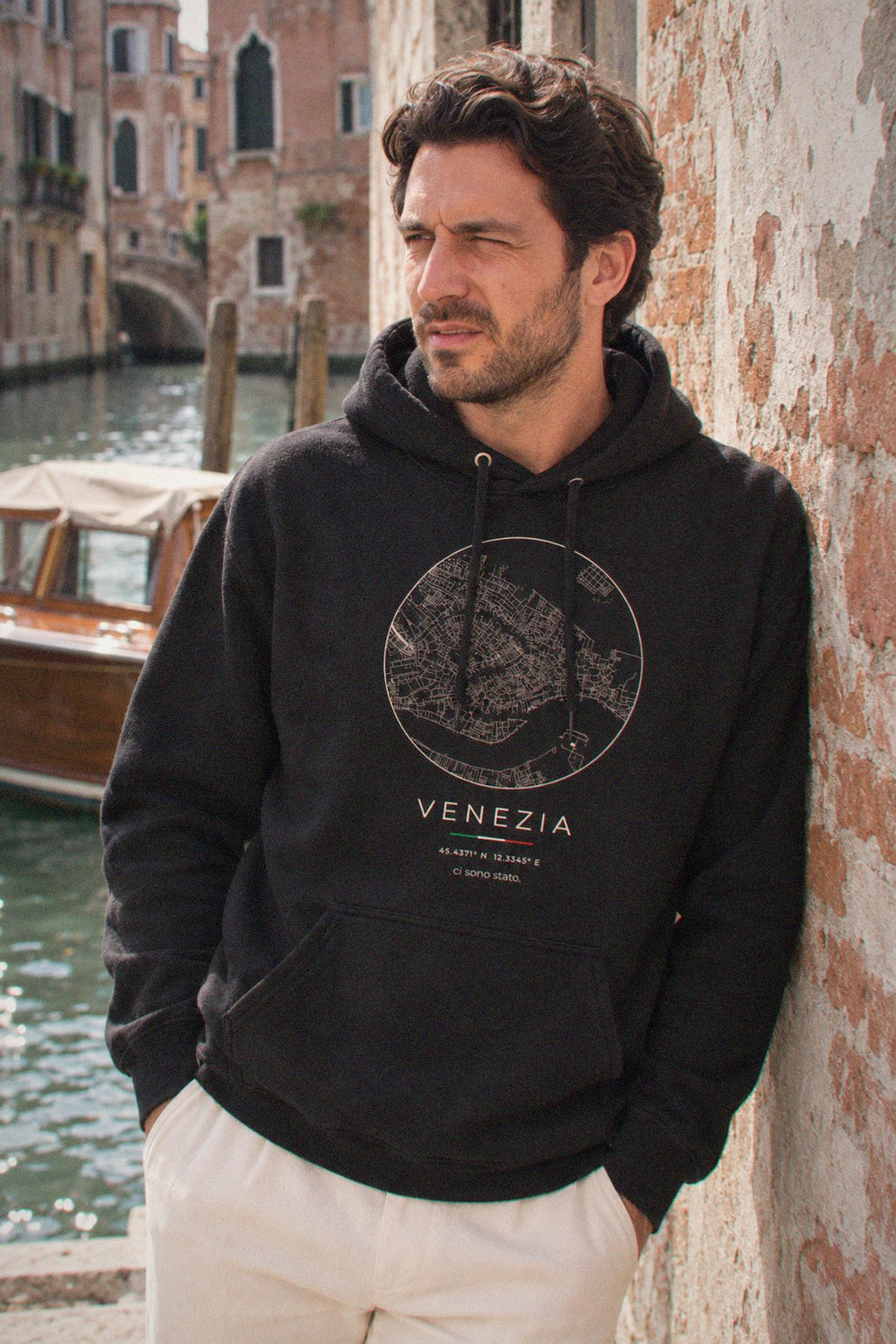 Venice map hoodie close-up on the chest print, Venice