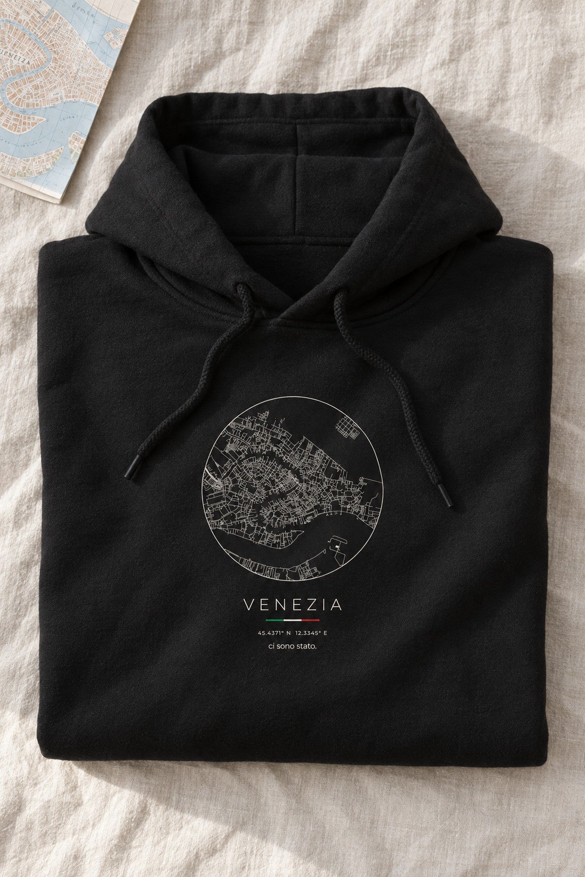Venice map hoodie folded flat, front print