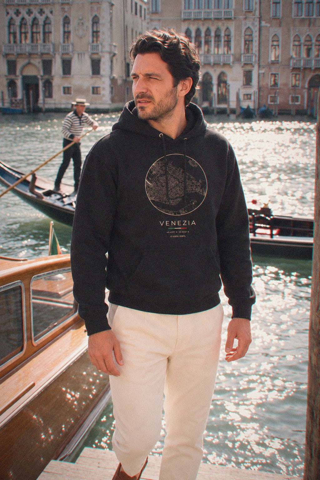 Venice map hoodie worn, three-quarter view, Venice