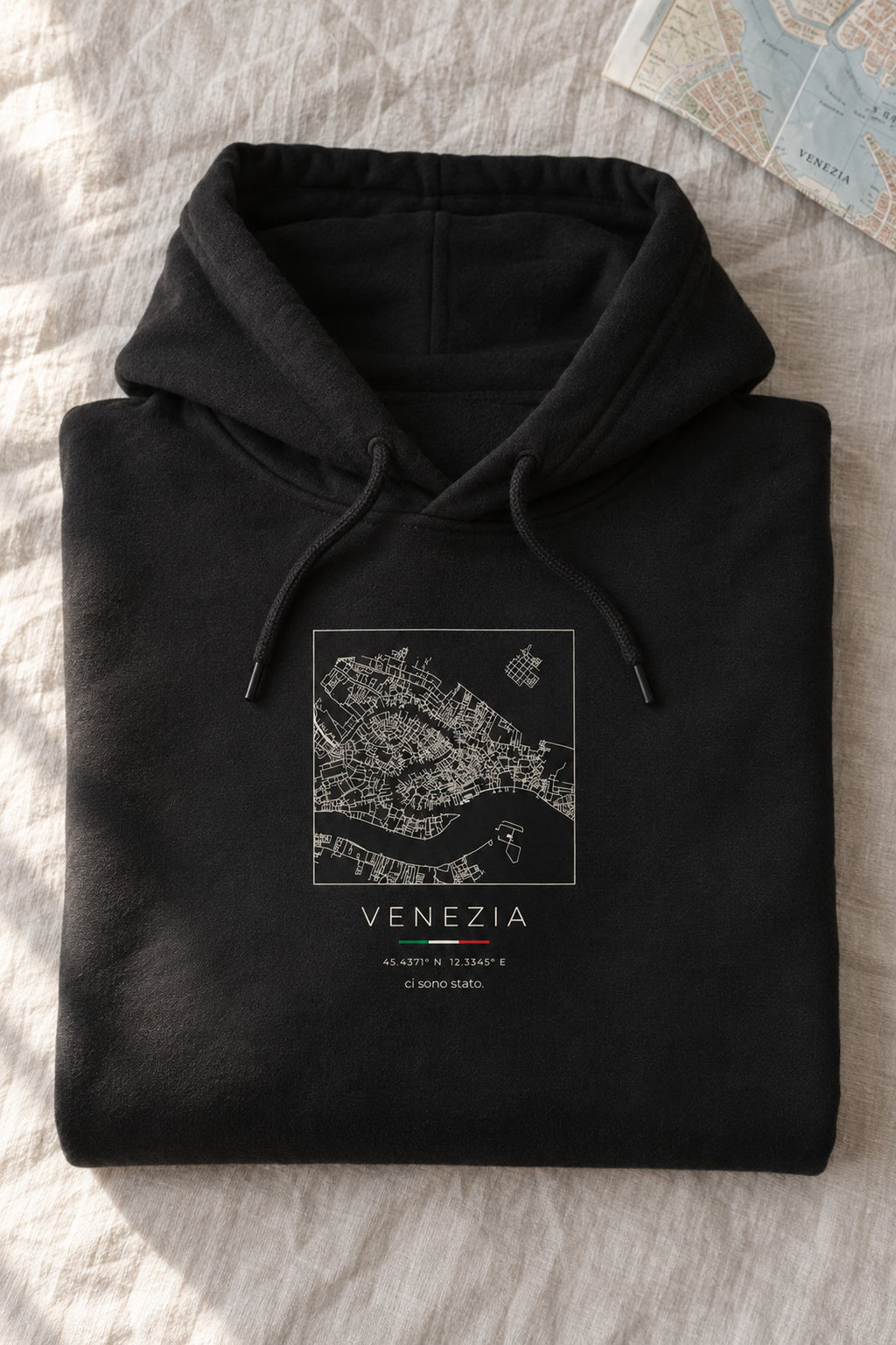 Venice map hoodie folded flat, front print