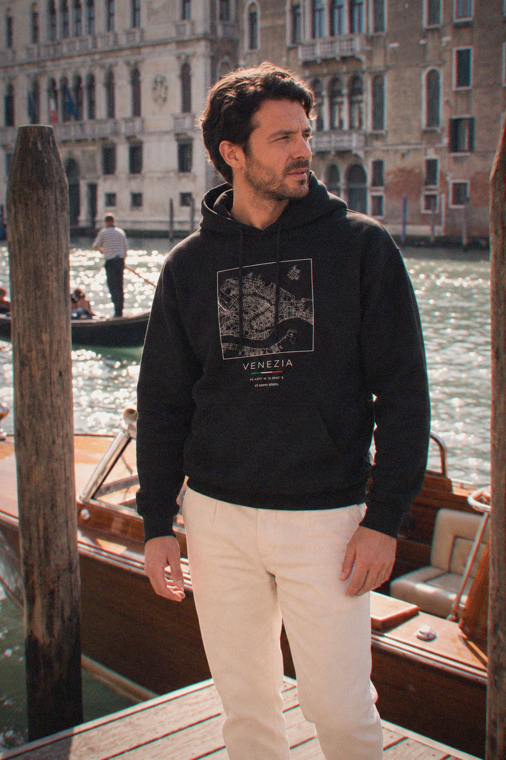 Venice map hoodie worn, three-quarter view, Venice