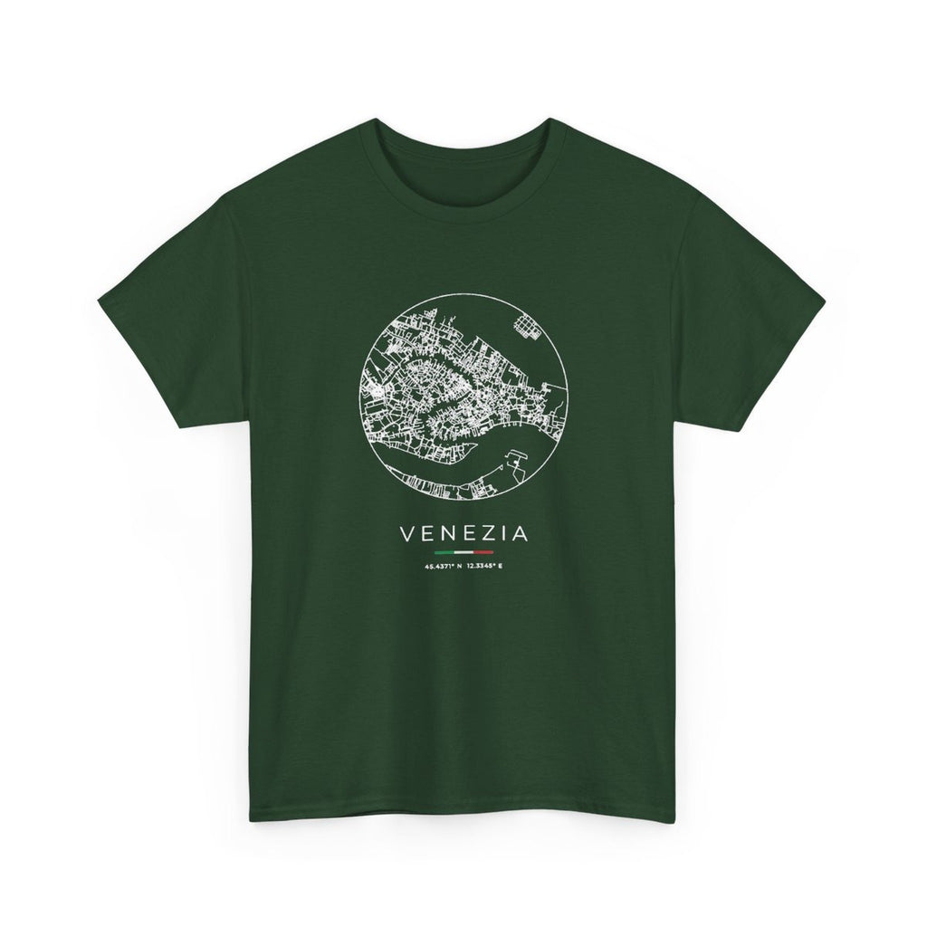 Venice Street Map T-Shirt, Circle Map, Forest Green, Italy Travel Gift, flat lay