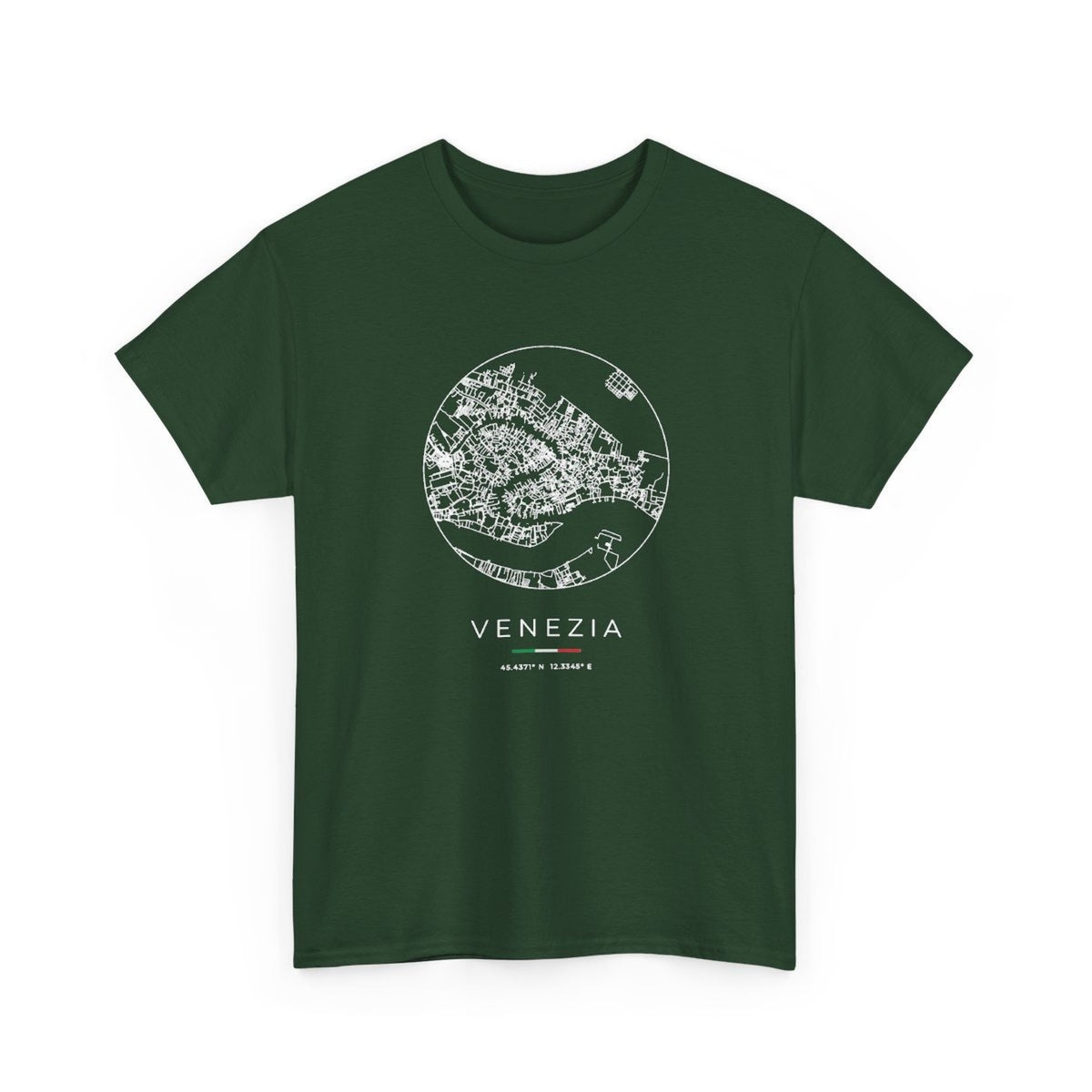 Venice Street Map T-Shirt, Circle Map, Forest Green, Italy Travel Gift, flat lay