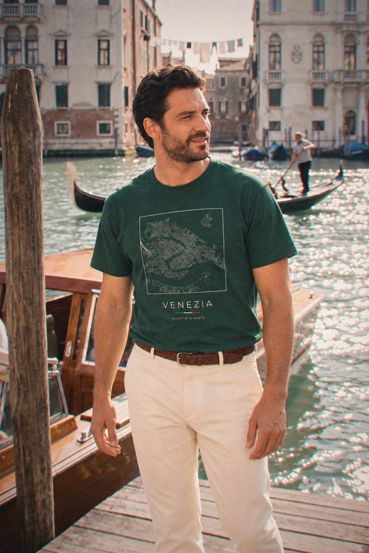 Venice map t-shirt worn, three-quarter view, Venice